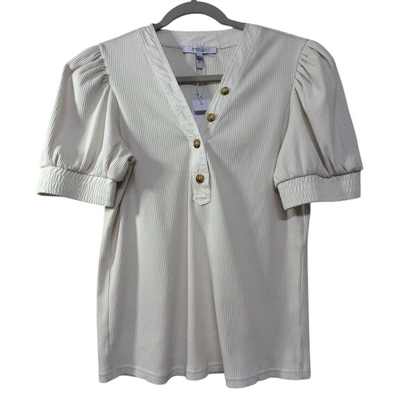 $195 Derek Lam 10 Crosby Size Heather T-Shirt Puff Sleeve Rib Off White L NWOT - Picture 4 of 10